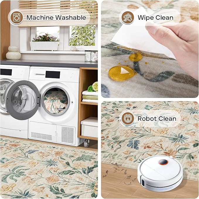 Machine Washable Area Rugs 2x3: Small Entryway Rug Soft Non-Slip Thin Carpet Floral Indoor Door Mat Floor Neutral Carpets for Entrance Bedroom Kitchen Laundry Bathroom Beige