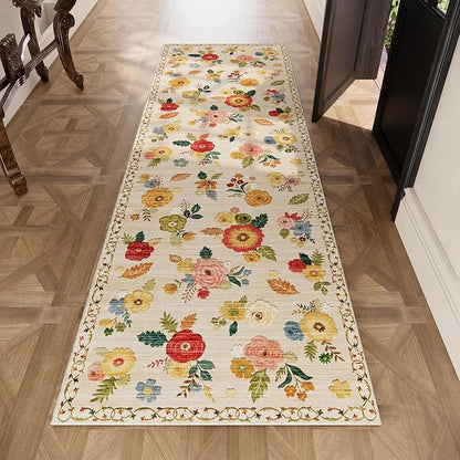 Machine Washable Runner Rug for Hallway: 2'6"x8' Kitchen Runners Rug with Rubber Backing Non Slip Stain Resistant Floral Floor Rug Soft Carpet Runners for Indoor Entryway Bedroom Bedside Living Room