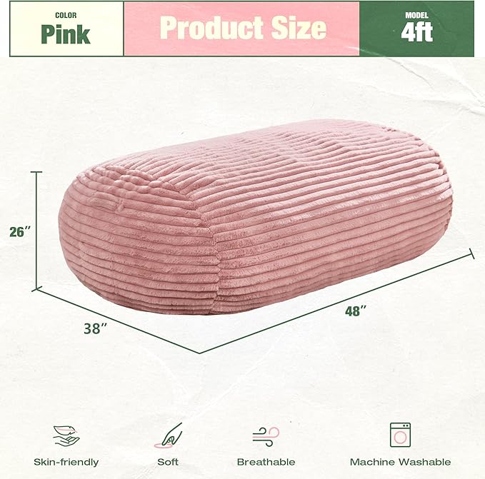Hobestluk 4FT Bean Bag Chairs Adult Bean Bag with Portable Handle Comfy Large Bean Bag Chair with Removable Cover for Living Room Bedroom or Reading Nook (Stripe Pink, 4FT)
