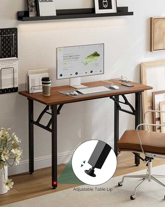 Frylr Small Folding Computer Desk – 43.3 Inch Portable Table for Craft and Study, Lightweight Desk for Small Spaces, Foldable Laptop Table Built-in AC/USB Outlets for Convenience, Dark Walnut