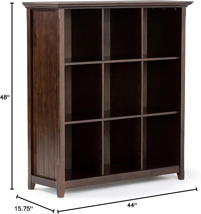 SIMPLIHOME Acadian Bookcase - 44 inch Tall 9-Cube Solid Wood Cube Organizer in Brunette Brown, Transitional Bookcase Storage for Living Room, Study Room or Office with Fixed Shelves and Tapered Legs