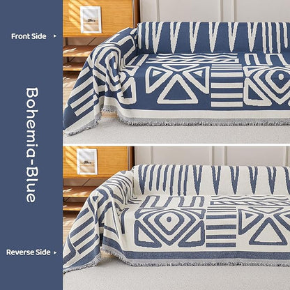 STACYPIK Boho Chenille Blue Sofa Cover L Shaped Couch Cover Reversible Couch Cover for 3 Cushion Couch Non-Silp Furniture Cover for Dogs Cats Sectional Sofa Cover for Loveseat Futon Cover-91X118IN