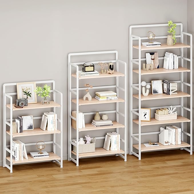 No Assembly Folding Bookshelf, 5 Tiers Collapsible Book Shelf for Home Office, Vintage Wood Foldable Bookcase Storage Organizer for Living Room Bedroom (Beige)