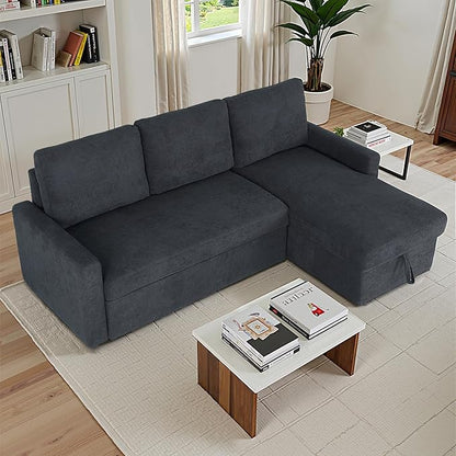 83" Pull Out Sleeper Couch with Storage Chaise, Couch, Sofa Bed, Convertible L Shaped Sofa for Living Room, Apartment, Dark Grey
