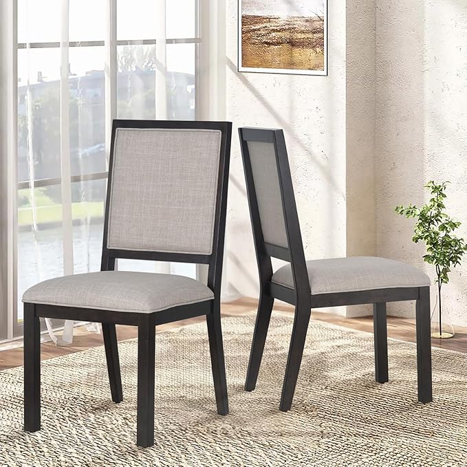 COLAMY Wood Dining Chairs Set of 2, Mid Century Modern Upholstered Kitchen Chairs,19 Inch Fabric Dining Chair with Back for Kitchen Dining Room,Brown