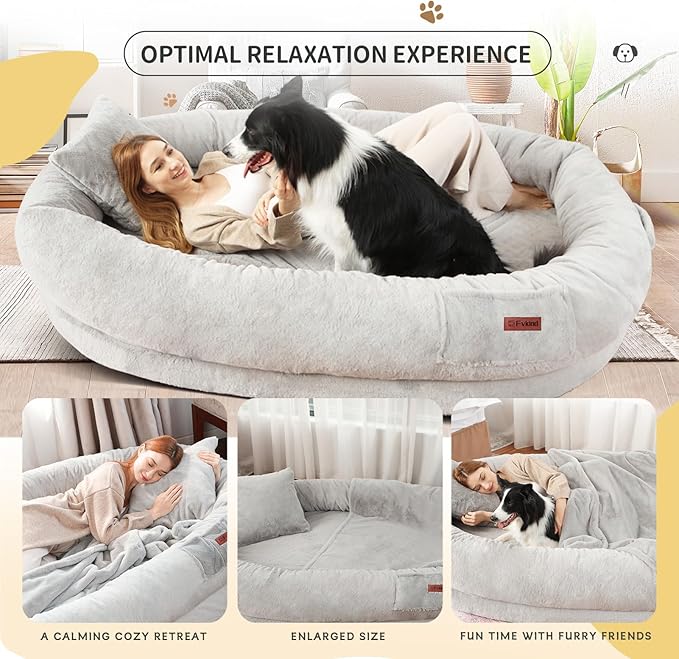 Human Dog Bed for Adult Kids with Blanket and Pillow, 70"x33"x12" Washable Faux Fur Human Size Dog Bed for People Doze Off, Light Grey