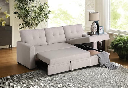 82 Inch Convertible Sleeper Sectional Sofa with Storage Chaise and Pull-Out Bed, Linen Upholstered Reversible Corner Couch, Modular L Shaped Couches for Living Room, Home Furniture, Beige