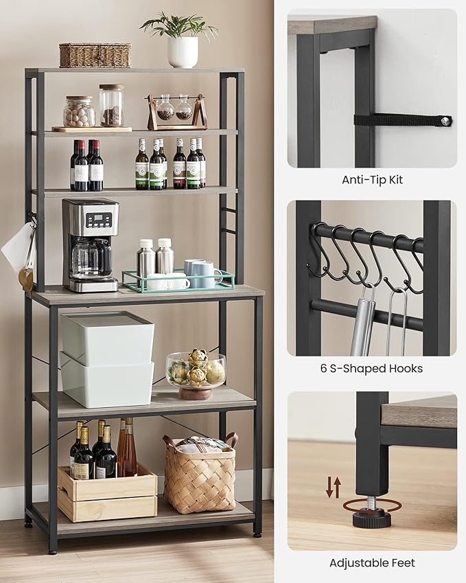 VASAGLE Coffee Bar, 31.5 Inches Baker's Rack for Kitchen with Storage, 6-Tier Kitchen Shelves with 6 Hooks, Microwave Stand, Industrial, Greige and Black UKKS019B02