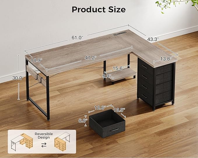 AODK L Shaped Desk with 4 Tier Drawers, 61" Reversible Gaming Desk with Power Outlets, L Shaped Computer Desk with USB Charging Port and Host Stand, Home Office Corner Desk, Easy to Assemble, Grey Oak