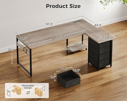 AODK L Shaped Desk with 4 Tier Drawers, 61" Reversible Gaming Desk with Power Outlets, L Shaped Computer Desk with USB Charging Port and Host Stand, Home Office Corner Desk, Easy to Assemble, Grey Oak