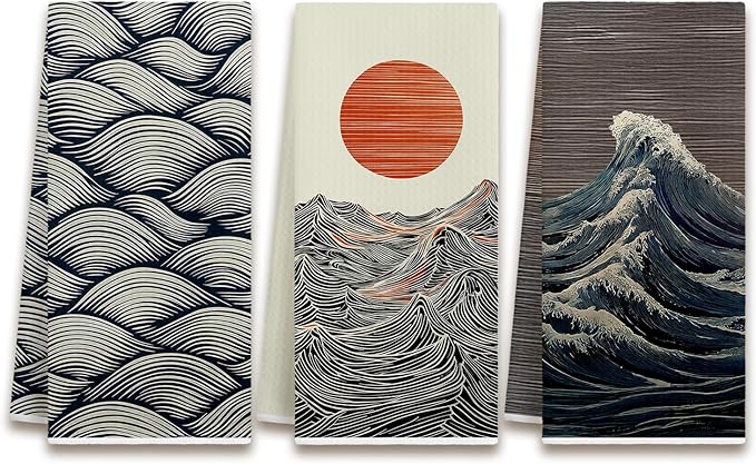 Japanese Sun Waves Kitchen Dish Towels, Ocean Lover Gifts, Boho Asian Oriental Coastal Nautical Decorative Hand Tea Towels for Bathroom Kitchen, 16x24 Inches Set of 3