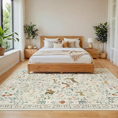 6x9 Area Rugs Washable Rug: Lagre Boho Living Room Rug Soft Non-Slip Thin Carpet Indoor Floor Non-Shedding Neutral Floral Carpets for Bedroom Dining Room Farmhouse Nursery Beige Animal