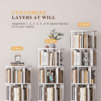 6 Tier Bookshelf Tower, 360° Solid Wood Spinning Bookcase with Swivel Wheels, Floor Standing Book Shelf for Small Space, Bookshelf for Home Office Study Room Bedroom Living Room