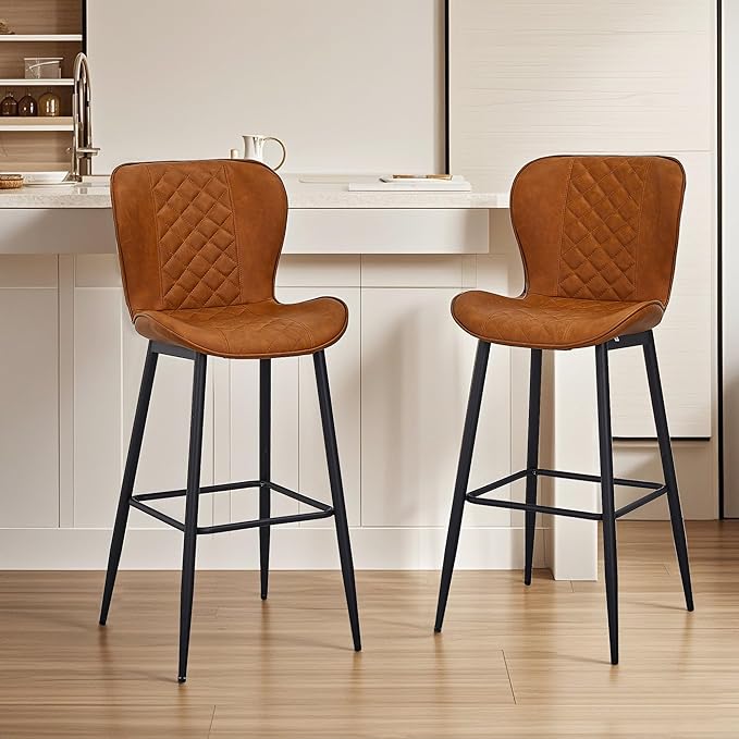 VECELO Quilted Bar Stools Set of 2, Bar Height Bar Stools with Back & Footrest, PU Leather with Stitching, Mid-Century Modern, 100% Virgin Cotton, 30" Tall, for Kitchen Home Bar, Caramel Brown