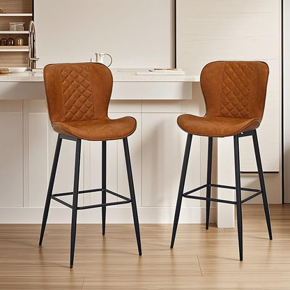VECELO Quilted Bar Stools Set of 2, Bar Height Bar Stools with Back & Footrest, PU Leather with Stitching, Mid-Century Modern, 100% Virgin Cotton, 30" Tall, for Kitchen Home Bar, Caramel Brown