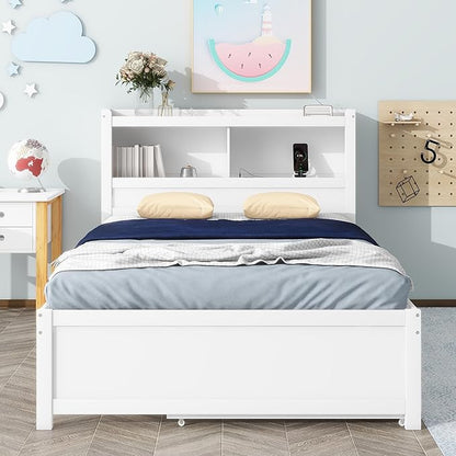 Full Size Pine Wood Platform Bed with Trundle,Drawers,2 Ports and 2 USB Plugs,Storage Bed with Pull Out Shelves,No Box Spring Needed,Perfect for Adults,Teens Bedroom Furniture,White