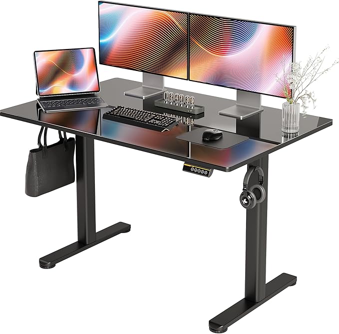 Claiks Glass Standing Desk, 48x24 Inch Electric Standing Desk Adjustable Height Quick Install Home Office Computer Desk, Black