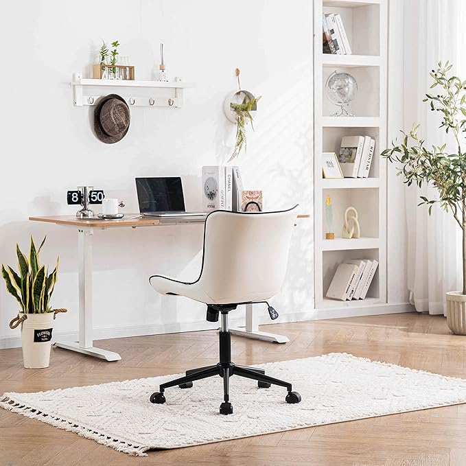 YOUNIKE Home Office Desk Chair with Wheels Armless Vanity Chair with Back Comfy Modern Leather Upholstered Rolling Task Chair Swivel Small Cute Computer Chair No Arms Wide Adjustable Ergonomic White