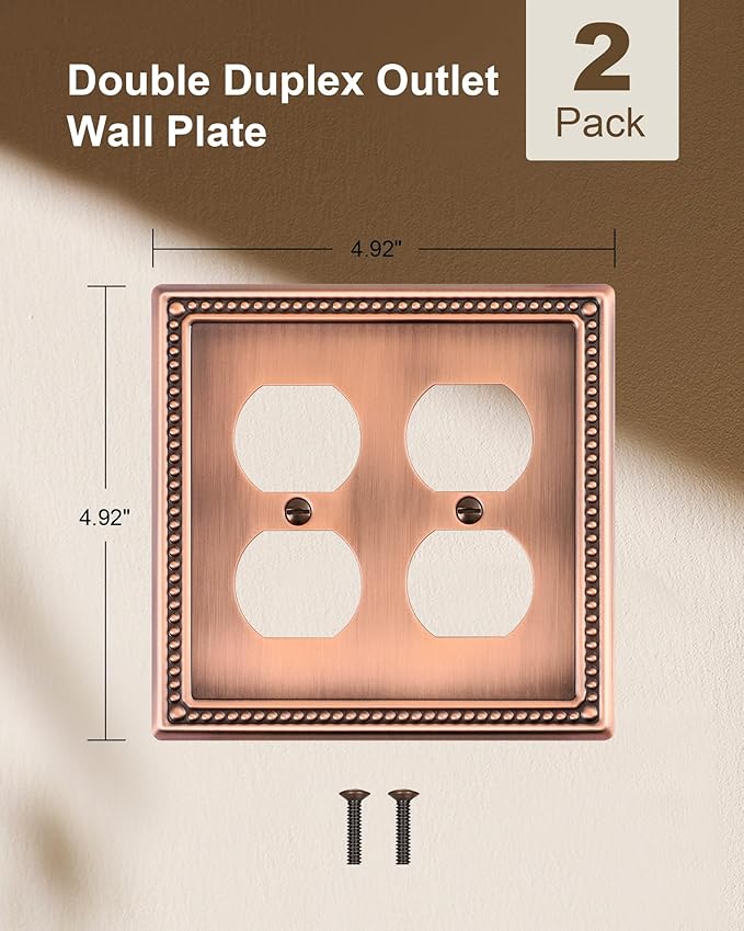2-Pack Double Duplex Outlet Cover, Metal Switch Plates and Outlet Covers, Antique Copper Pearls Decorative Wall Plates for Electrical Outlets, 2 Gang Receptacle Cover, Corrosion Resistant
