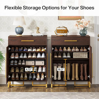 Tribesigns Shoe Cabinet with Doors, 20 Pairs Shoe Storage Cabinet with Drawer for Entryway, Modern Shoe Rack Organizer with Adjustable Shelves for Hallways Bedroom Living Room, Walnut & Gold