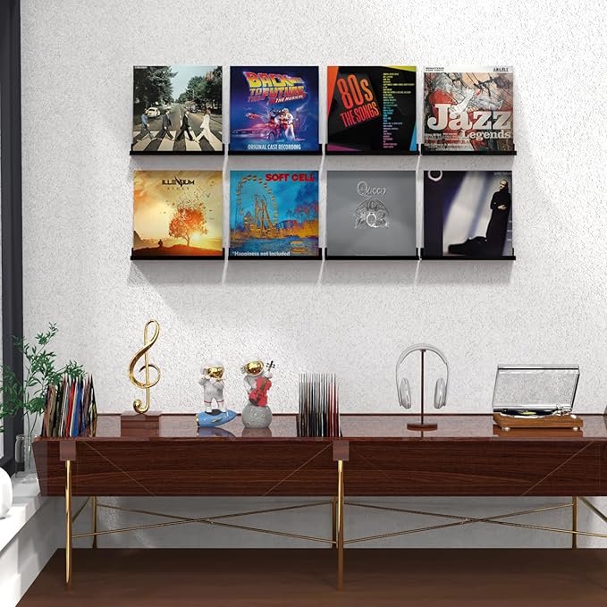 ILYXY Acrylic Vinyl Record Holder Wall Mount – 8 Pack 12-Inch Floating Vinyl Shelves, Black Record Display Frames for LP Albums & Wall Decor