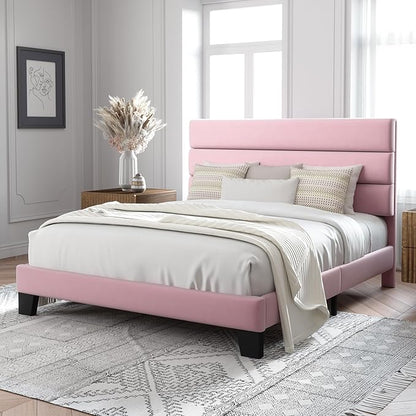 Allewie Full Size Platform Bed Frame with Velvet Upholstered Headboard and Wooden Slats Support, Fully Upholstered Mattress Foundation/No Box Spring Needed/Easy Assembly, Pink
