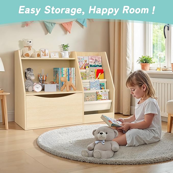 TOETOL 2 Tier Kids Bookshelf and Book Storage，4 Sling Toddler Bookshelf, Storage Boxes Book Shelf & Organizer for Nursery Playroom Classroom Library Bedroom Natural Wood