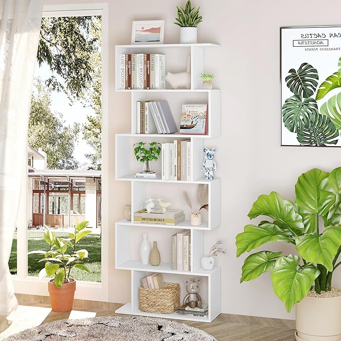 Yusong S Shaped Bookshelf, Modern Geometric Bookcase, 6-Tier White Display Case Book Shelf