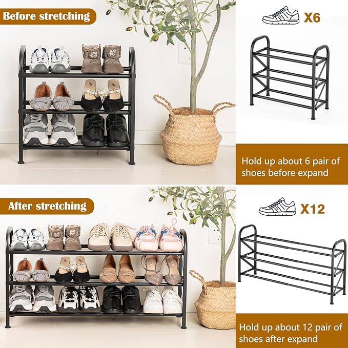 3-Tier Expandable Shoe Rack for Closet，Adjustable Shoe Rack，Black Metal Free Standing Shoe Rack for Entryway Closet Doorway