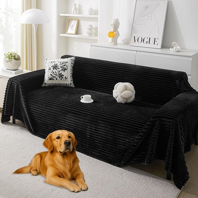HAOMAIJIA Faux Fur Sofa Covers Couch Covers for 3 Cushion Couch Sofa Pet Friendly Soft Non Slip Couch Cover for Dogs Washable Sectional Couch Covers L Shape Furniture Protector (Black, 91"x150")