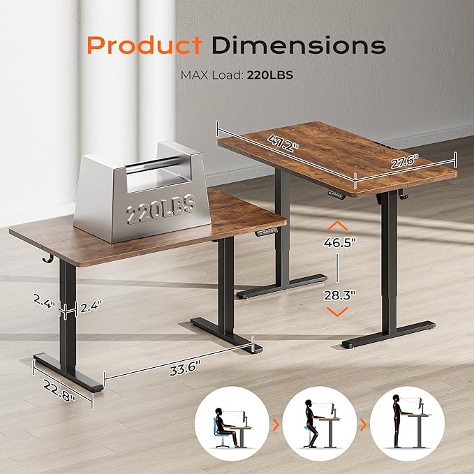 Huuger 48 x 28 Large Electric Standing Desk, Height Adjustable Desk, 27.6" Deep Desktop, Stand up Gaming, 2 Hooks, 3 Preset Heights, for Home Office, Rustic Brown