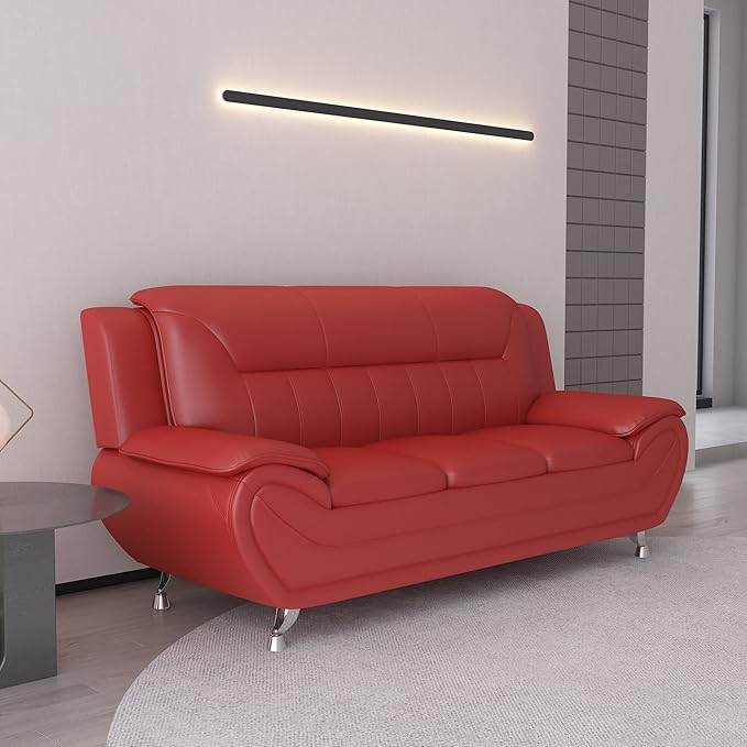 Container Furniture Direct Michael Modern Faux Leather Upholstered Stainless Steel Legs Living Room Sofa, Loveseat, Red