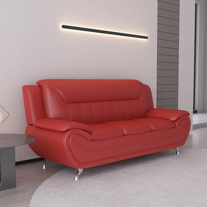Container Furniture Direct Michael Modern Faux Leather Upholstered Stainless Steel Legs Living Room Sofa, Loveseat, Persian Red