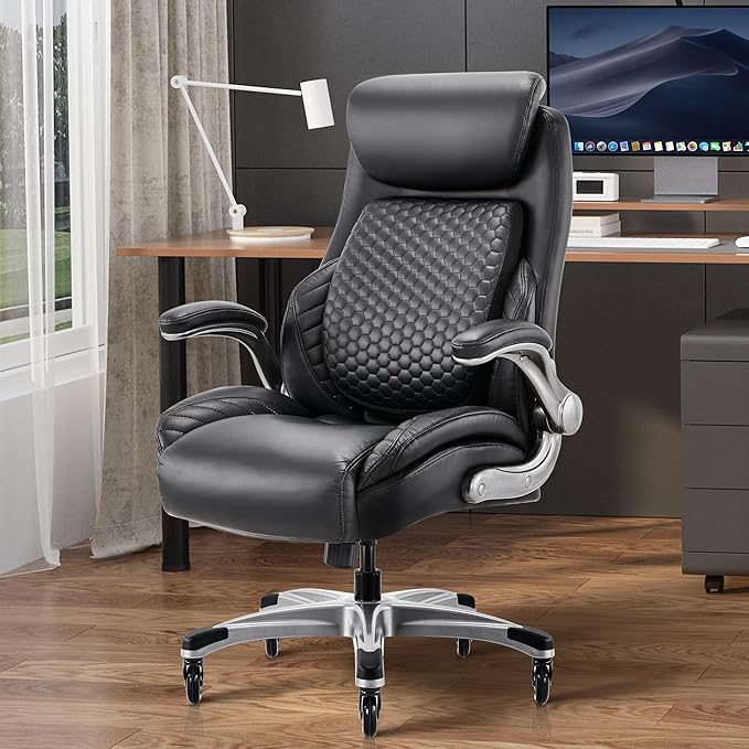 COLAMY Office Ergonomic Desk High Back Executive Chair with Pop-Out Lumbar Support, Upgraded Casters, Adjustable Headrest, Flip-Up Arms, Leather Home with Thick Cushion for Comfort - Black