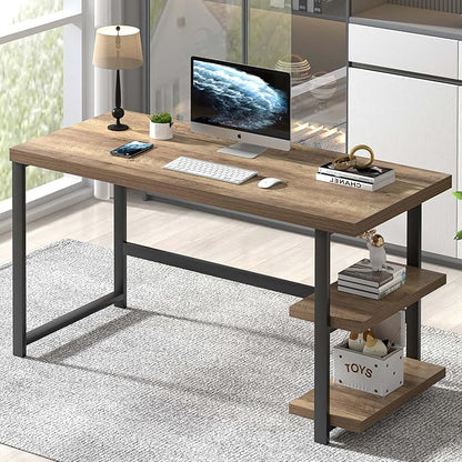 FOLUBAN Computer Desk, Modern Home Office Desk with Storage Shelves, Writing Study Gaming Table for Living Room Bedroom, Rustic Oak, 53 Inch