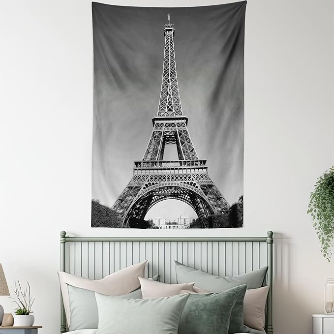 Ambesonne Eiffel Tower Tapestry Twin Size, Paris Landmark Monochrome Picture of Cityscape European Urban Famous Place Image, Wall Hanging Bedspread Bed Cover Wall Decor, 68" X 88", Grey
