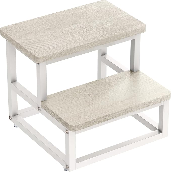 Step Stools, Heavy Duty Stepping Stool for Kids Adults, Non-Slip Metal and Wooden 2 Steps Foot Stool for High Beds and Kitchen, Round Corner, 500 Lbs Capacity, White Oak