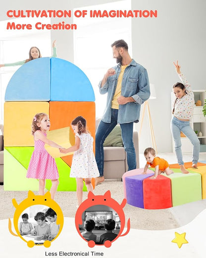 Kids Play Couch, 2-in-1 Heart-Shape Kids Plays Sofa with Unique Ball Pit(no Balls Included), Tangram Puzzle Play Couch for Playroom, Modular Play Sofa for Inspiring Creativity, Rainbow