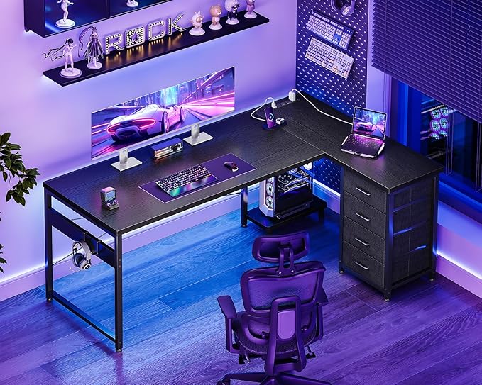AODK L Shaped Gaming Desk with 4 Drawers, 61" Reversible Home Office Desks with Power Outlets, L Shaped Computer Desk with USB Charging Port and Host Stand, Corner Desk, Easy to Assemble, Black