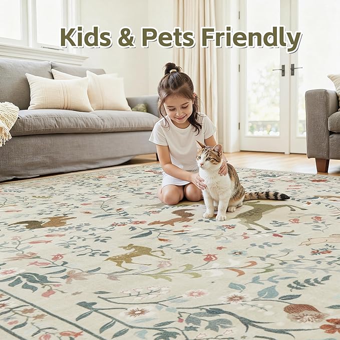 6x9 Area Rugs Washable Rug: Lagre Boho Living Room Rug Soft Non-Slip Thin Carpet Indoor Floor Non-Shedding Neutral Floral Carpets for Bedroom Dining Room Farmhouse Nursery Beige Animal