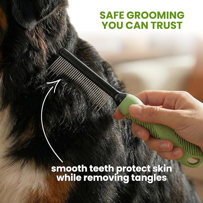 Poodle Grooming Comb - Metal Dematting Comb with Long & Short Stainless Steel Teeth for Removing Matted Hair & Knots, Safe and Gentle for Dogs & Cats (Green)