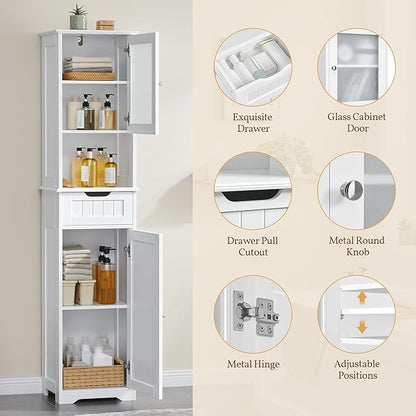 Yaheetech 67”Tall Bathroom Storage Cabinet,Narrow Floor Cabint with 2 Doors and 1 Drawer,Slim Bathroom Organizers,Adjustable Shelves,Storage Unit for Living Room, Entryway,Kitchen,White