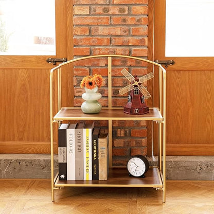 Crofy No Assembly Folding Bookshelf for Living Room, 2 Tier Gold Collapsible Book Shelf for Home Office, Portable Bookcase Storage Organizer