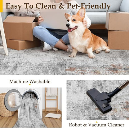 9x12 Washable Area Rug Grey Rust Modern Neutral Abstract Living Room Bedroom Indoor Floor Carpet Low Pile Soft Non-Slip Lightweight Vacuumable Large Throw Rug for Kitchen Dining Room