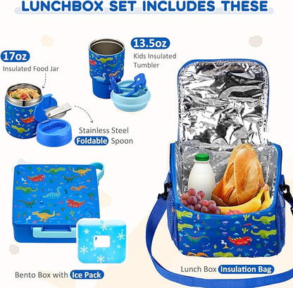 Lunch Box Set with Bento Box Container, 17OZ Stainless Steel Food Soup Thermo, Kids Water Bottle & Portable Insulated Lunch Bag, Leakproof, Hot/Cold Retention for School, Travel (Dinasour)
