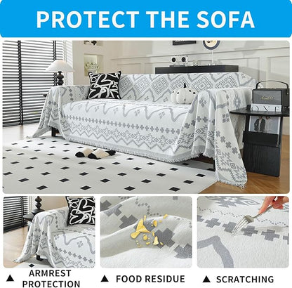 LUFEIJIASHI Boho Couch Covers for Sofa Non Slip Sofa Covers Washable Couch Covers for 3 Cushion Couch Sofa Pet Friendly Sectional Couch Cover Blanket Furniture Protector for Dogs (Grey, 91"x118")