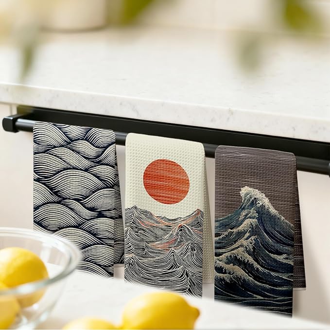 Japanese Sun Waves Kitchen Dish Towels, Ocean Lover Gifts, Boho Asian Oriental Coastal Nautical Decorative Hand Tea Towels for Bathroom Kitchen, 16x24 Inches Set of 3