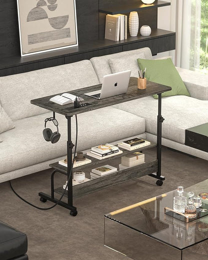 Height Adjustable Standing Desk with Power Outlets, 32" Manual Stand Up Desk with Storage Shelves Small Mobile Rolling Computer Desk Portable Laptop Table with Wheels for Home Office, Grey Oak