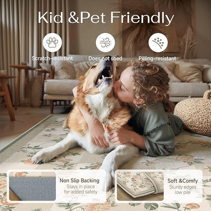 HUGEAR 2x6 Runner Checkered Rugs for Hallways Machine Washable Beige Long Carpet Floral Print Non-Slip Stain Resistant Low Pile Indoor Throw for Entrance Kitchen Bedroom Dining Laundry