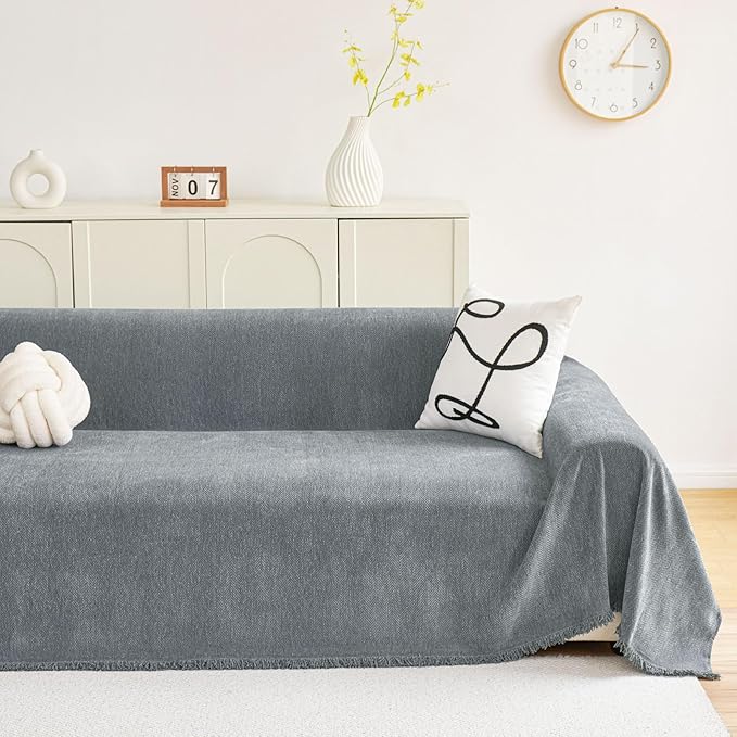 hyha Couch Cover for Dogs, Boho Sofa Covers for 3 Cushion Couch Washable, Chenille Sofa Slipcover for Pets, Soft Loveseat Sectional Couch Throw Blankets with Tassels (Grey, 71x150 Inch)